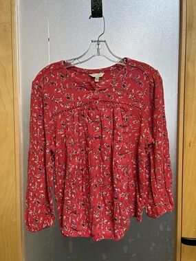 Lucky Brand Red Floral Button-Pleat Peasant Blouse